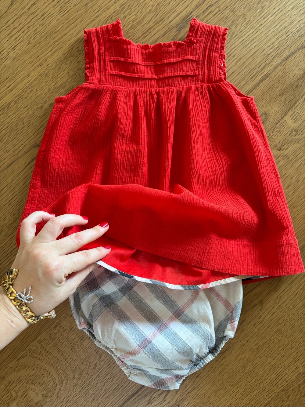 Authentic BURBERRY Baby Girl Bloomer Dress Nova Check Kid Red Child 12 Months 1Y